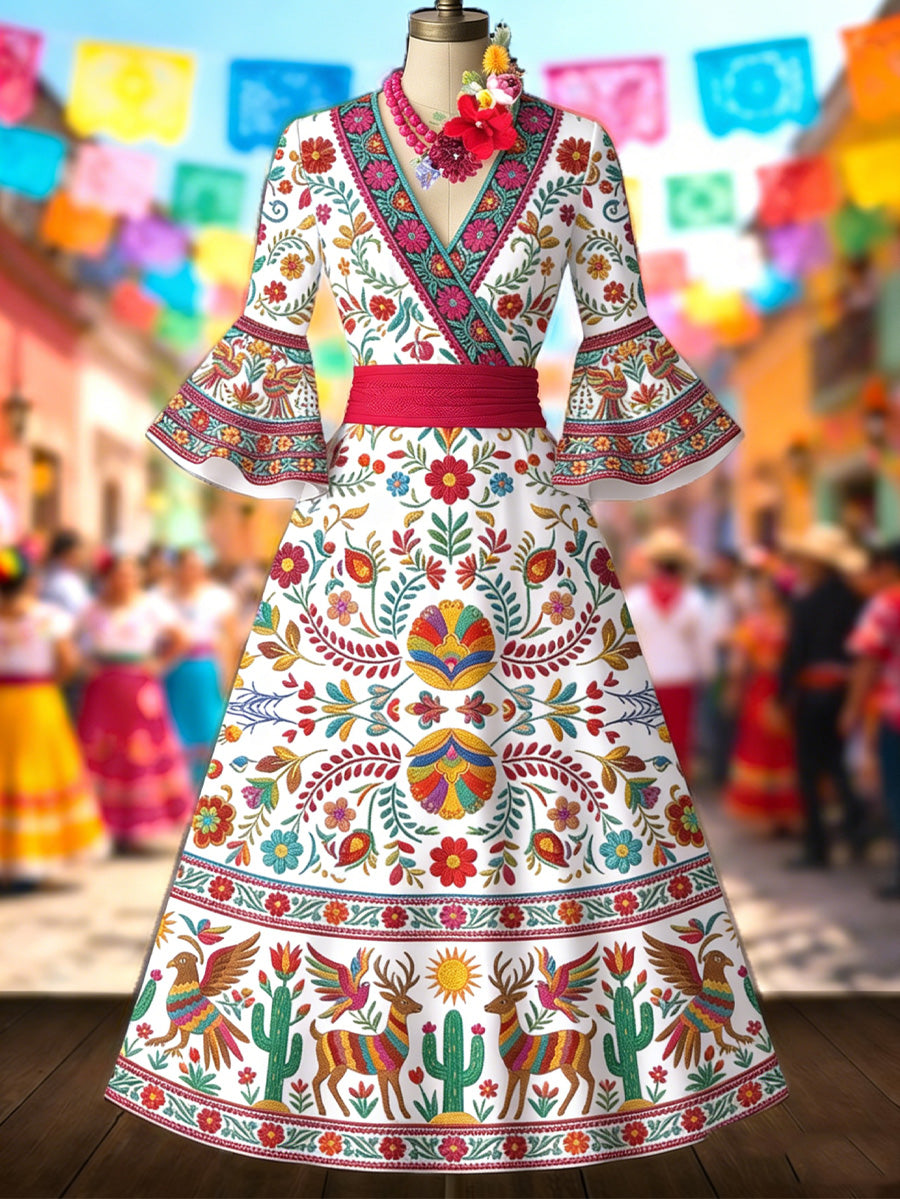 Retro Mexico Floral Art Printed V-Neck Vintage Pleated Waist Flare Sleeve Midi Dress